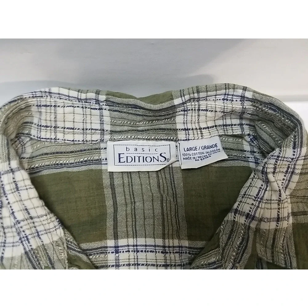 Basic Editions Womens Large Plaid Long Sleeve Button Up Shirt Green White